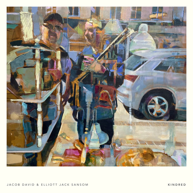 Kindred album cover: a painting of Jacob David and Elliott Jack Sansom at a street cafe